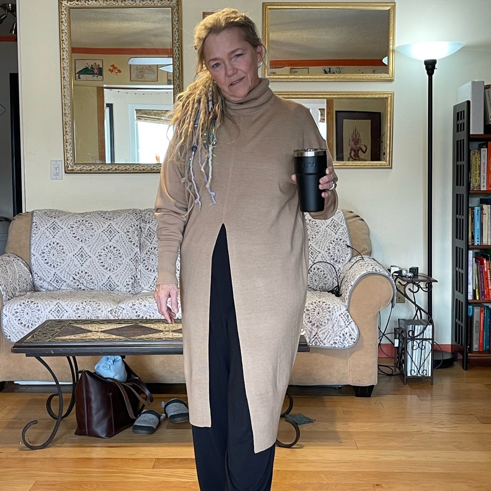 Universal Standard split front 100% merino wool sweater tunic.